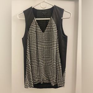 rag & bone Silk Top with Leather accents - White & Black printed (Size XS)